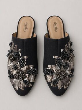 Charles By Charles David Black Beaded Floral Mules
